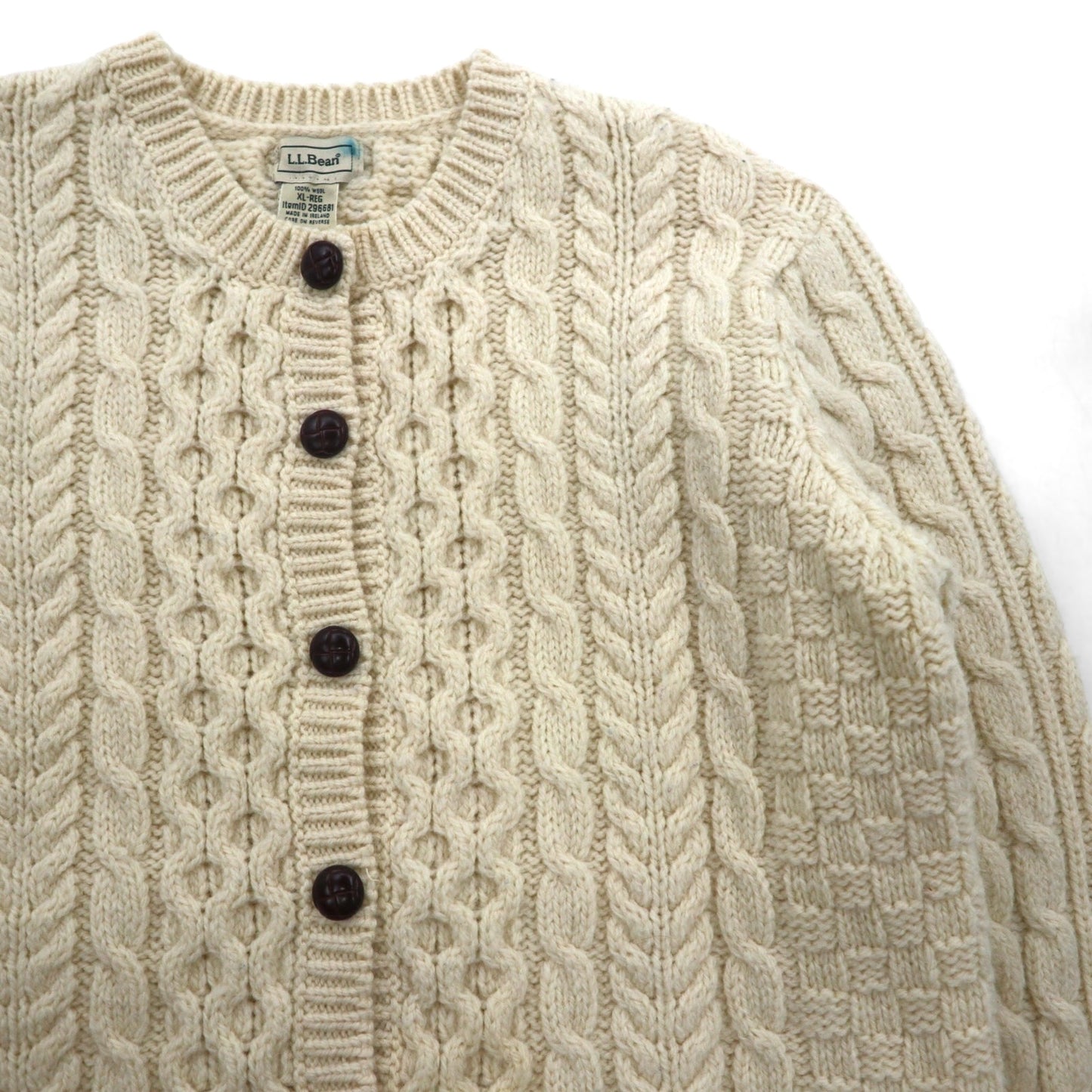 LLBean Fisherman Aran Knit Cardigan, XL, Off-White Wool, 296681, Made in Ireland