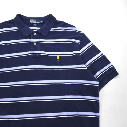 Polo by Ralph Lauren 90s Striped Polo Shirt, Size 2XL, Navy Blue Cotton, Pique with Small Pony Embroidery