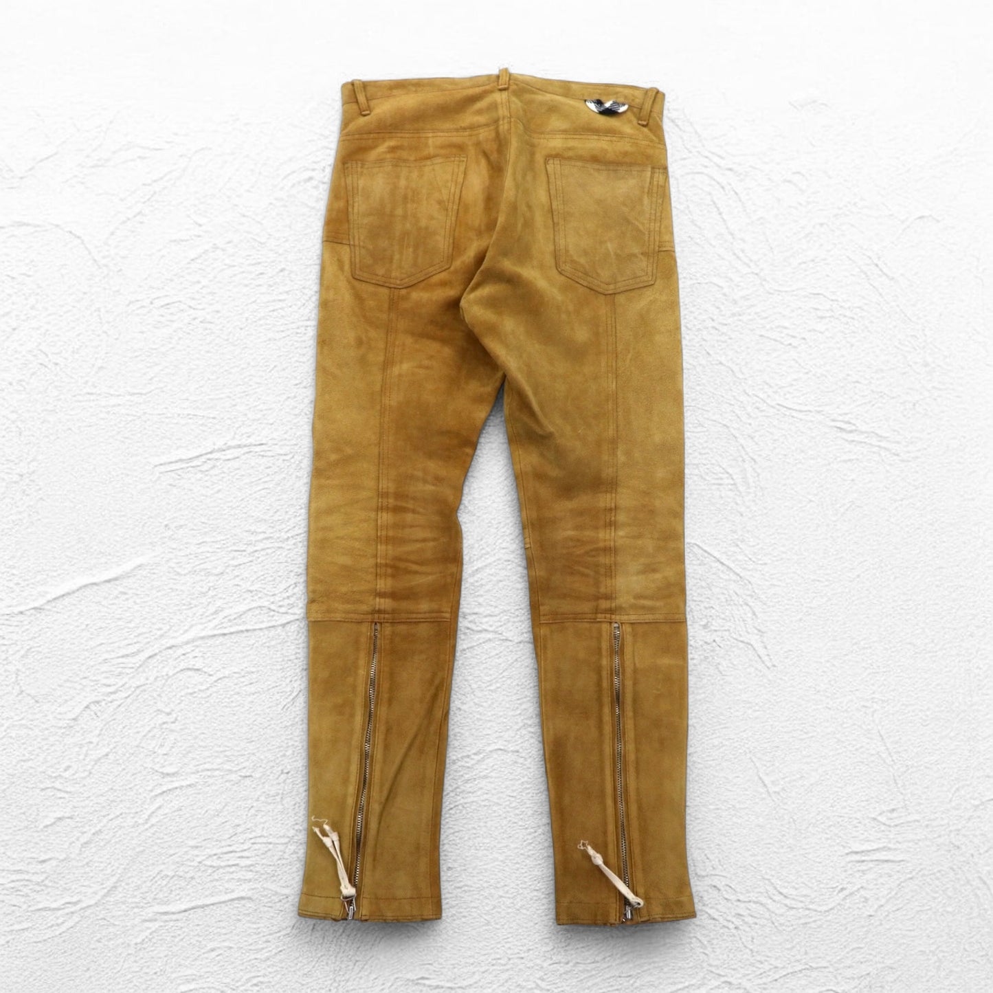 YSTRDY's TMRRW スエード パンツ SLIM LEG RUNAWAY SUEDE PANTS M イエロー ベージュ 牛革 ジップ スリット 日本製