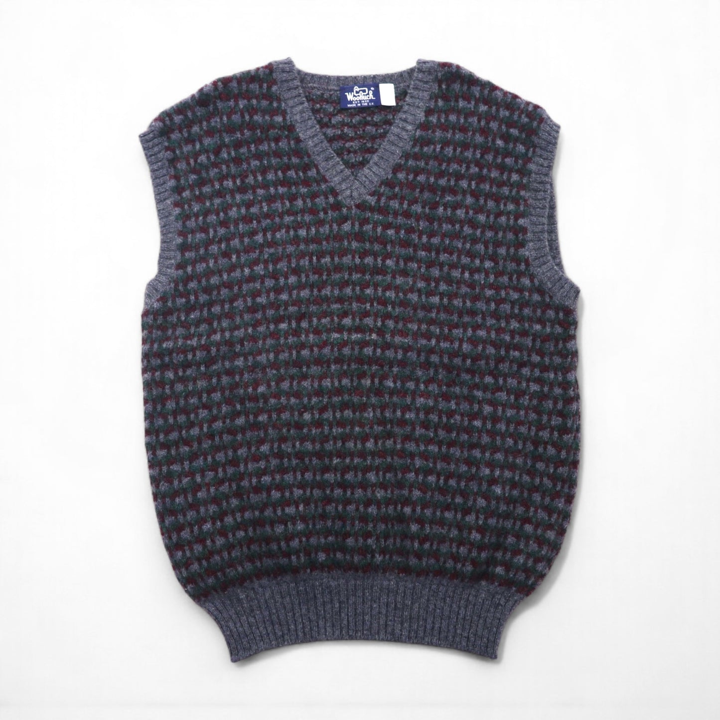 Woolrich 1980s British-made V-neck wide knit vest, size XL, grey wool