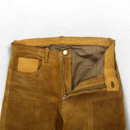 YSTRDY's TMRRW スエード パンツ SLIM LEG RUNAWAY SUEDE PANTS M イエロー ベージュ 牛革 ジップ スリット 日本製