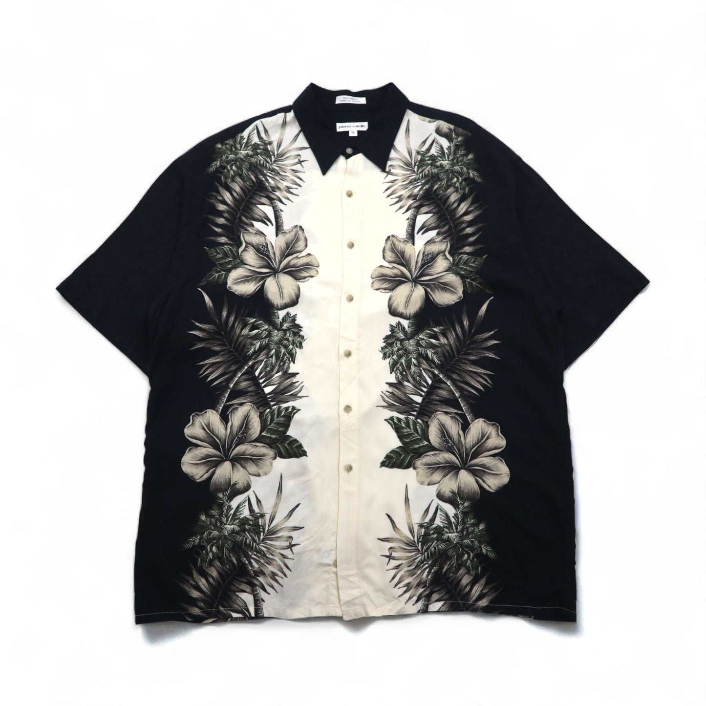pierre cardin アロハシャツ XL ブラック ホワイト レーヨン ハイビスカス ボタニカル