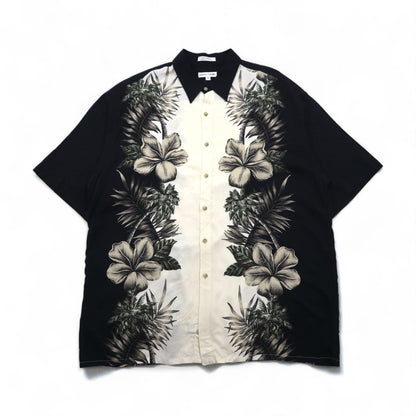 pierre cardin アロハシャツ XL ブラック ホワイト レーヨン ハイビスカス ボタニカル
