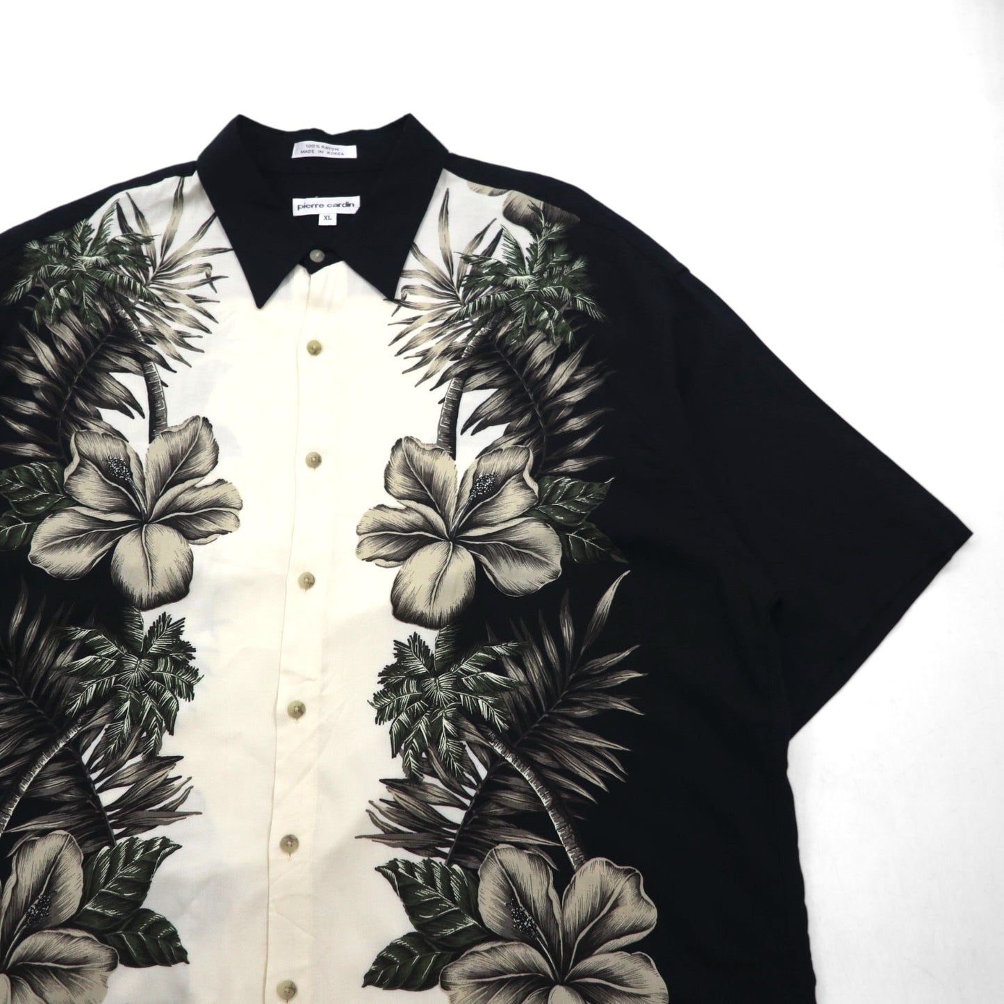 pierre cardin アロハシャツ XL ブラック ホワイト レーヨン ハイビスカス ボタニカル
