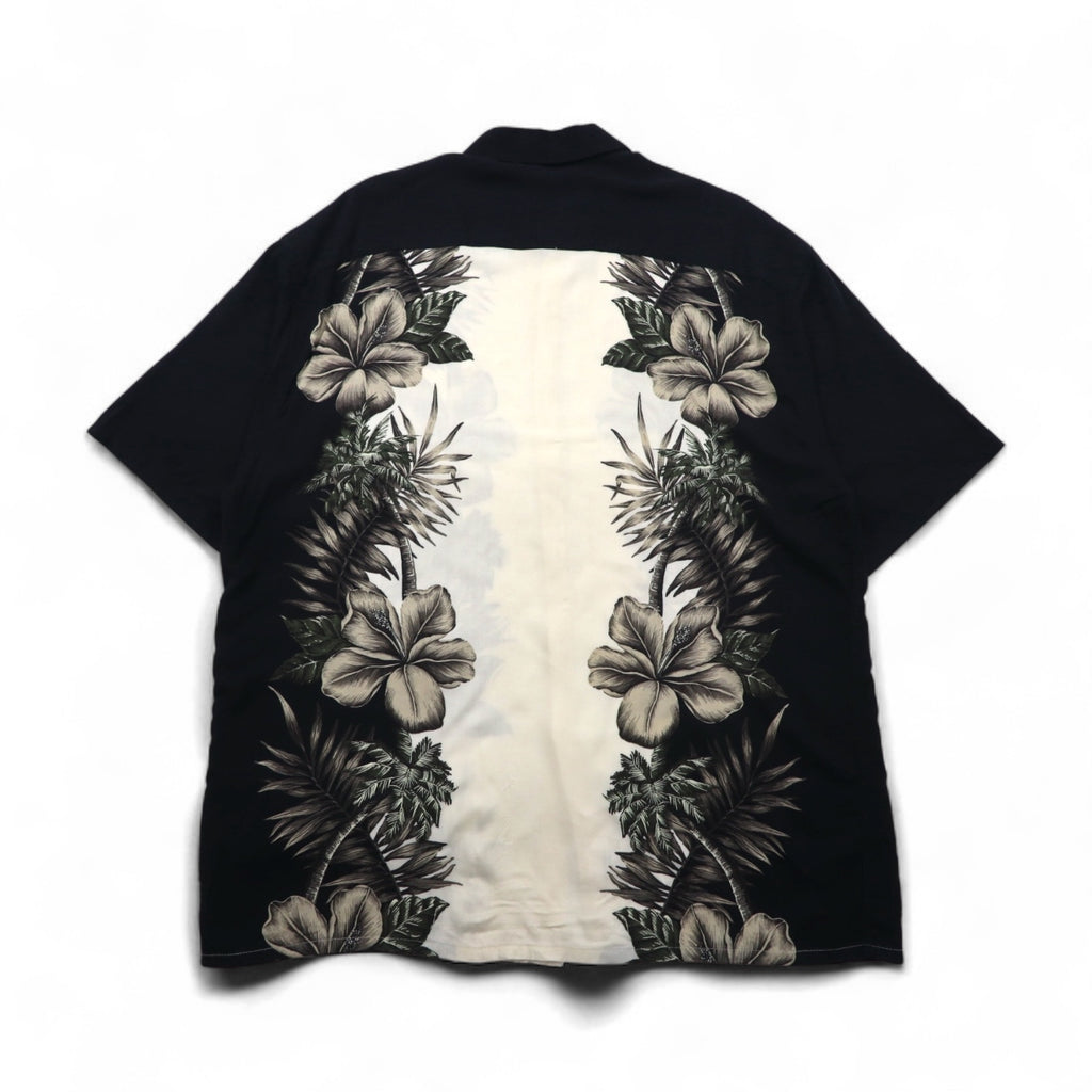 Pierre Cardin Aloha Shirt, XL, Black, White, Rayon, Hibiscus, Botanical