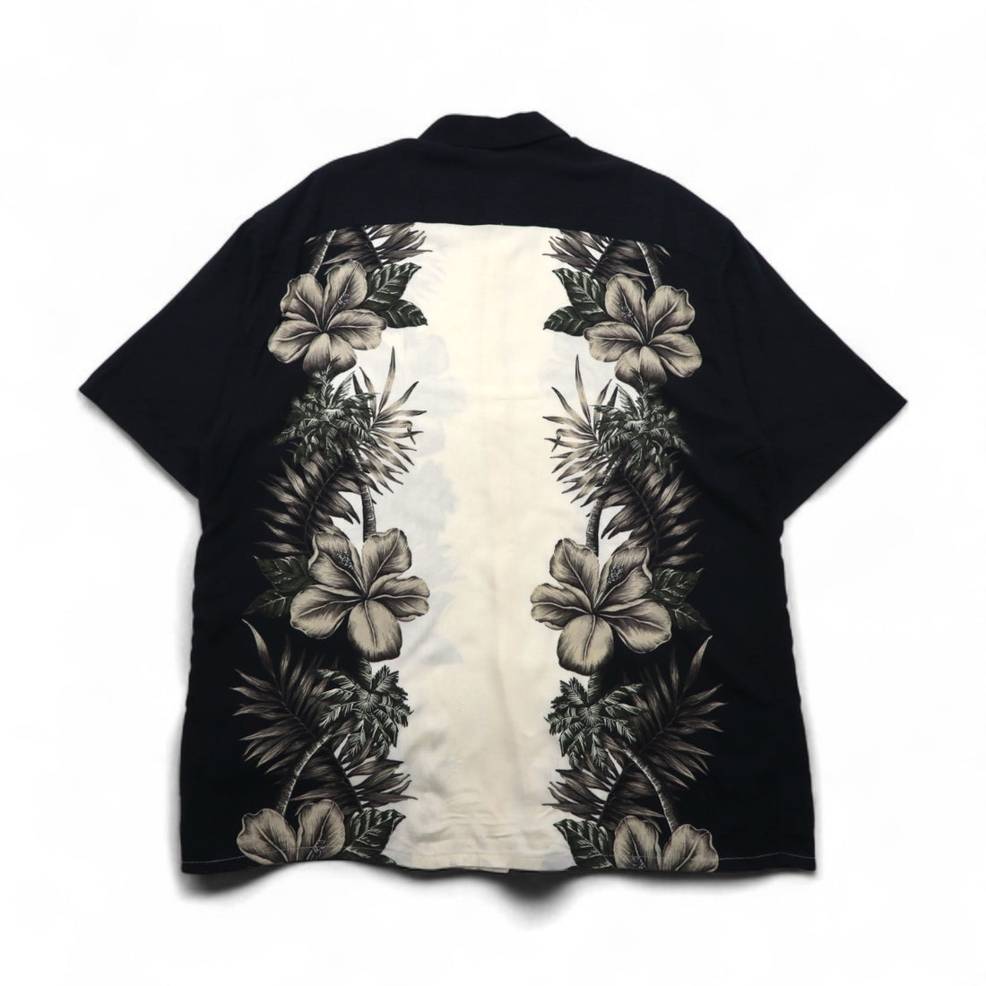 Pierre Cardin Aloha Shirt, XL, Black, White, Rayon, Hibiscus, Botanical