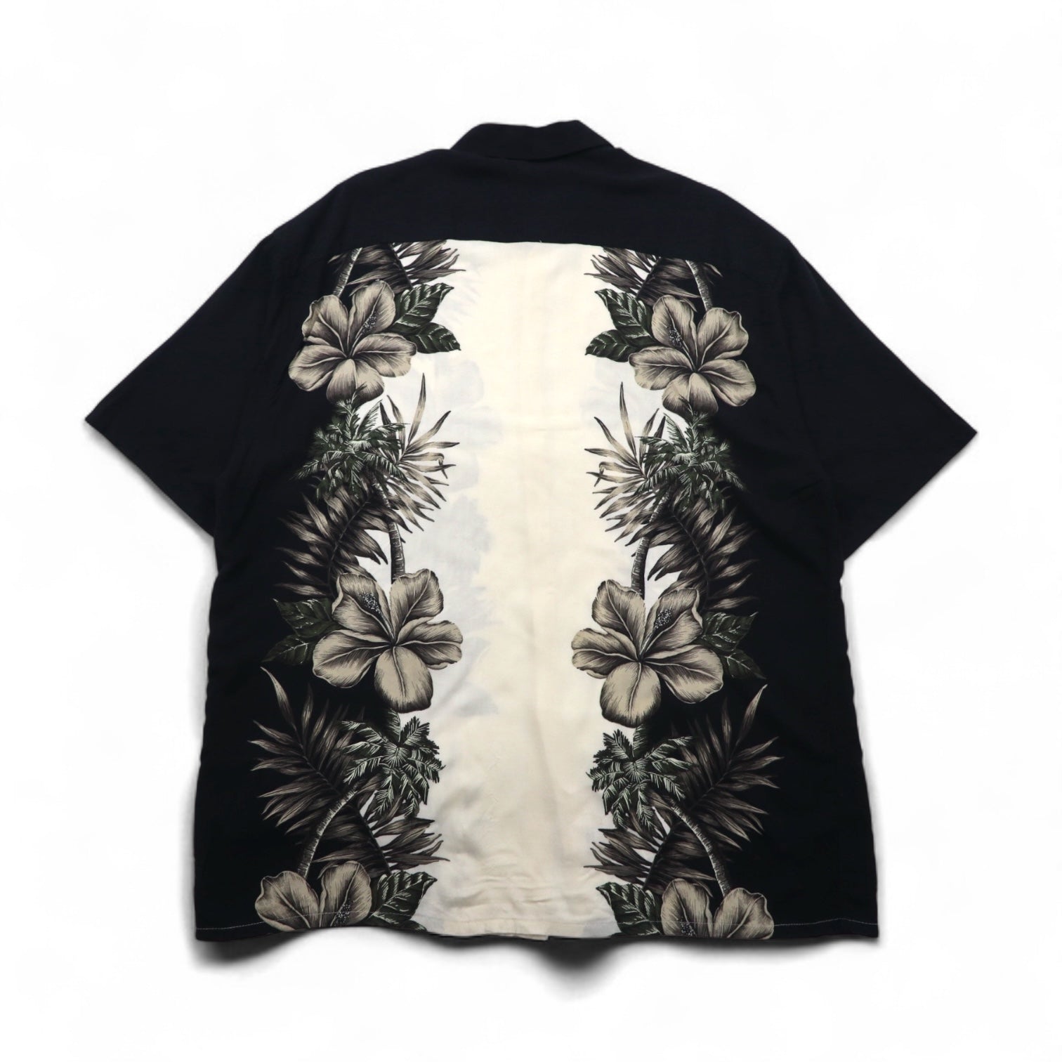 Pierre Cardin Aloha Shirt, XL, Black, White, Rayon, Hibiscus, Botanical