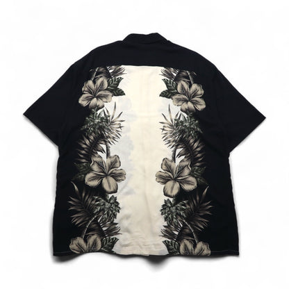 pierre cardin アロハシャツ XL ブラック ホワイト レーヨン ハイビスカス ボタニカル