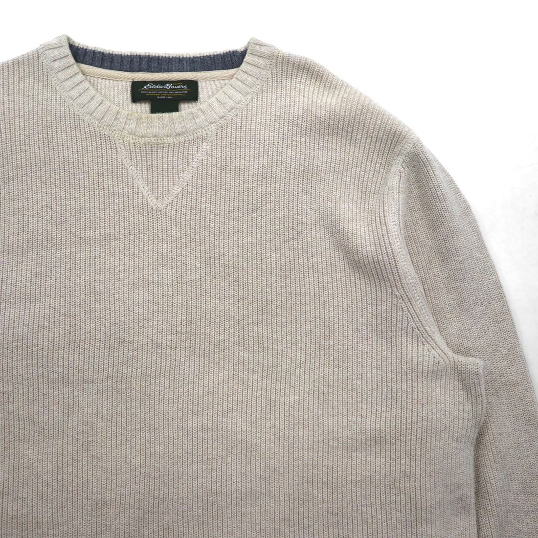 Eddie Bauer クルーネック 前V ニット セーター M ベージュ コットン 3823