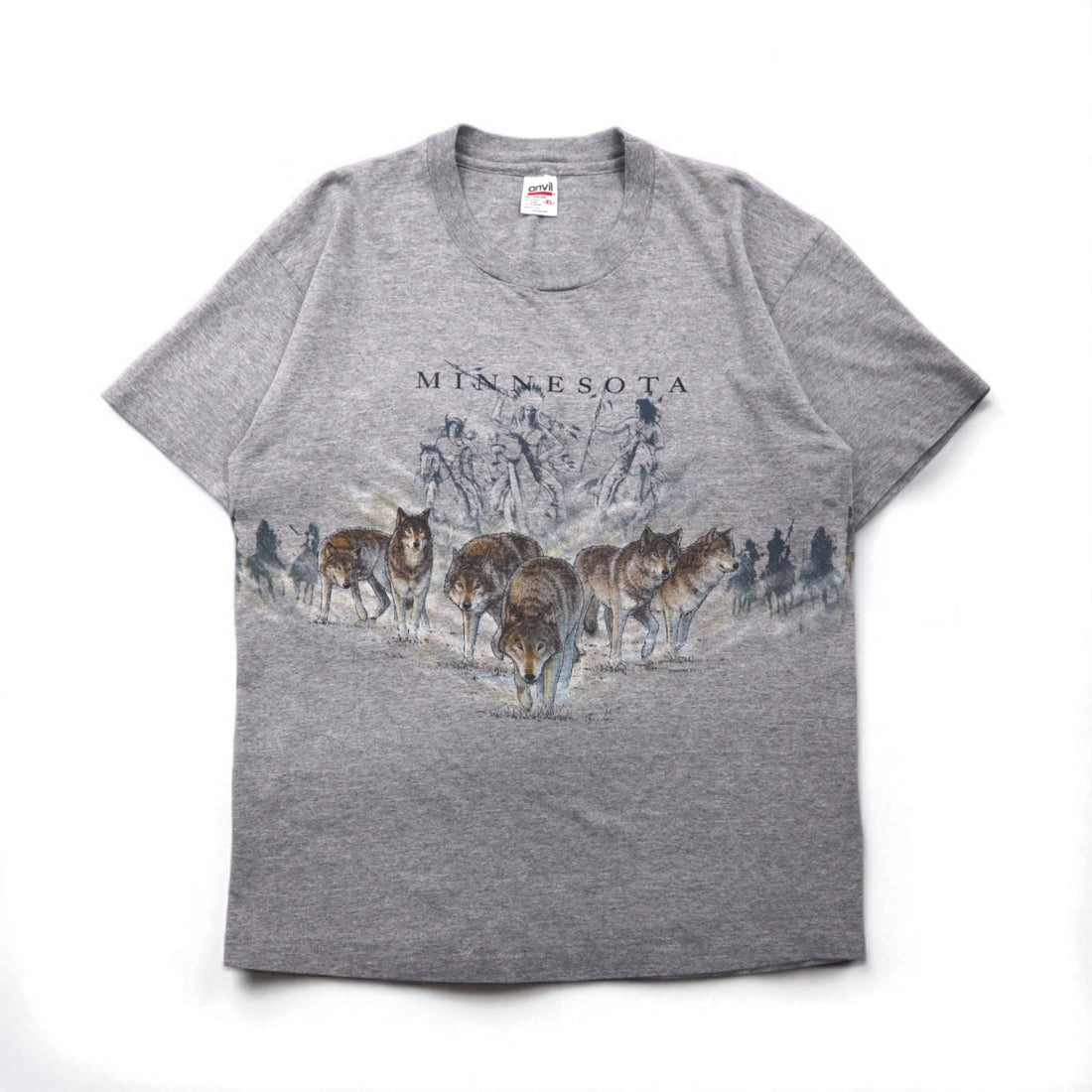 anvil 90年代 USA製 シングルステッチ Tシャツ XL グレー MINESOTA 両面 アニマル プリント オオカミ