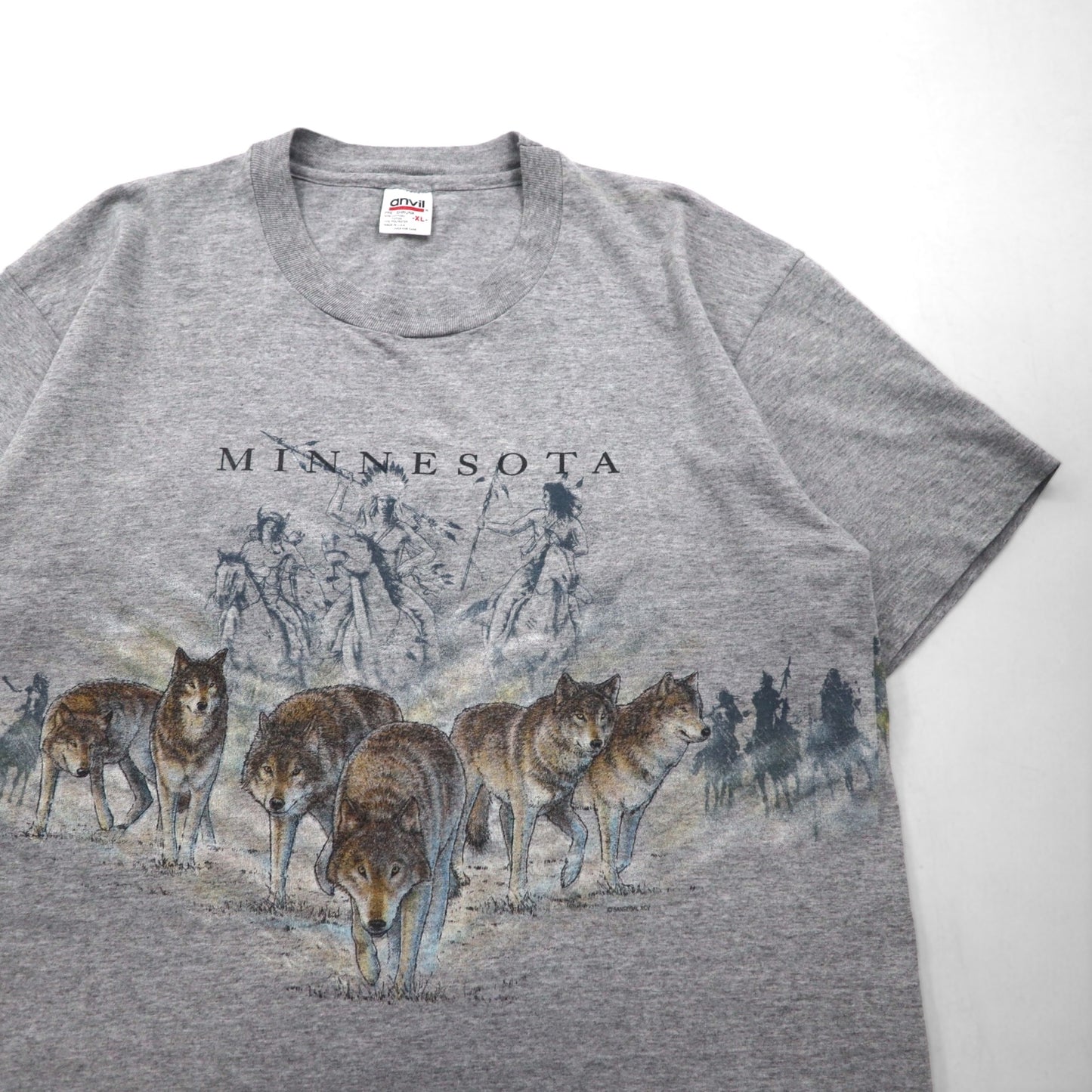 anvil 90年代 USA製 シングルステッチ Tシャツ XL グレー MINESOTA 両面 アニマル プリント オオカミ