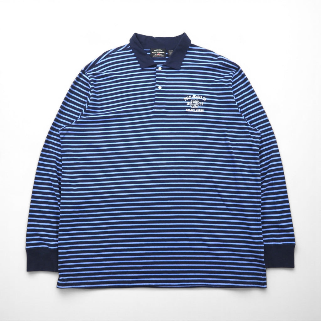 POLO JEANS CO. RALPH LAUREN 90s Long Sleeve Polo Shirt, Rugby Shirt, XL, Blue, Striped, Oversized