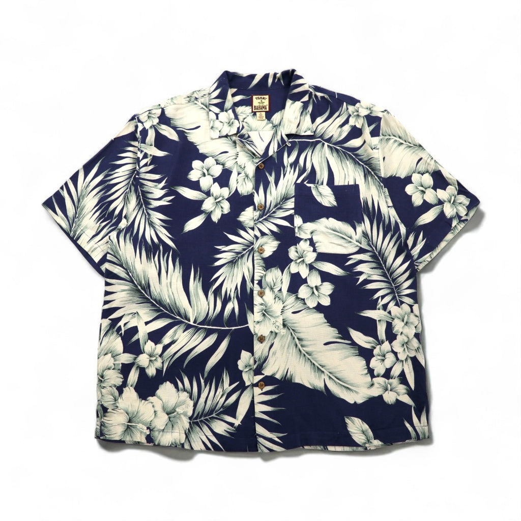 TOMMY BAHAMA Silk Open-Collar Aloha Shirt, XL, Navy, Hibiscus