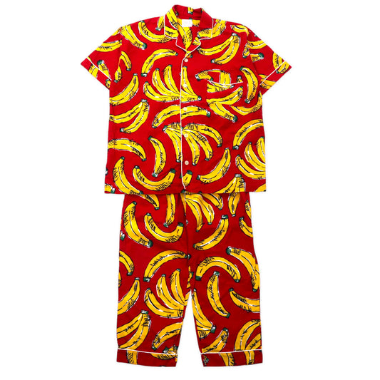 STAFF-21 パジャマ  イージーセットアップ オープンカラーシャツ 半袖 FREE レッド コットン 総柄 バナナ 日本製