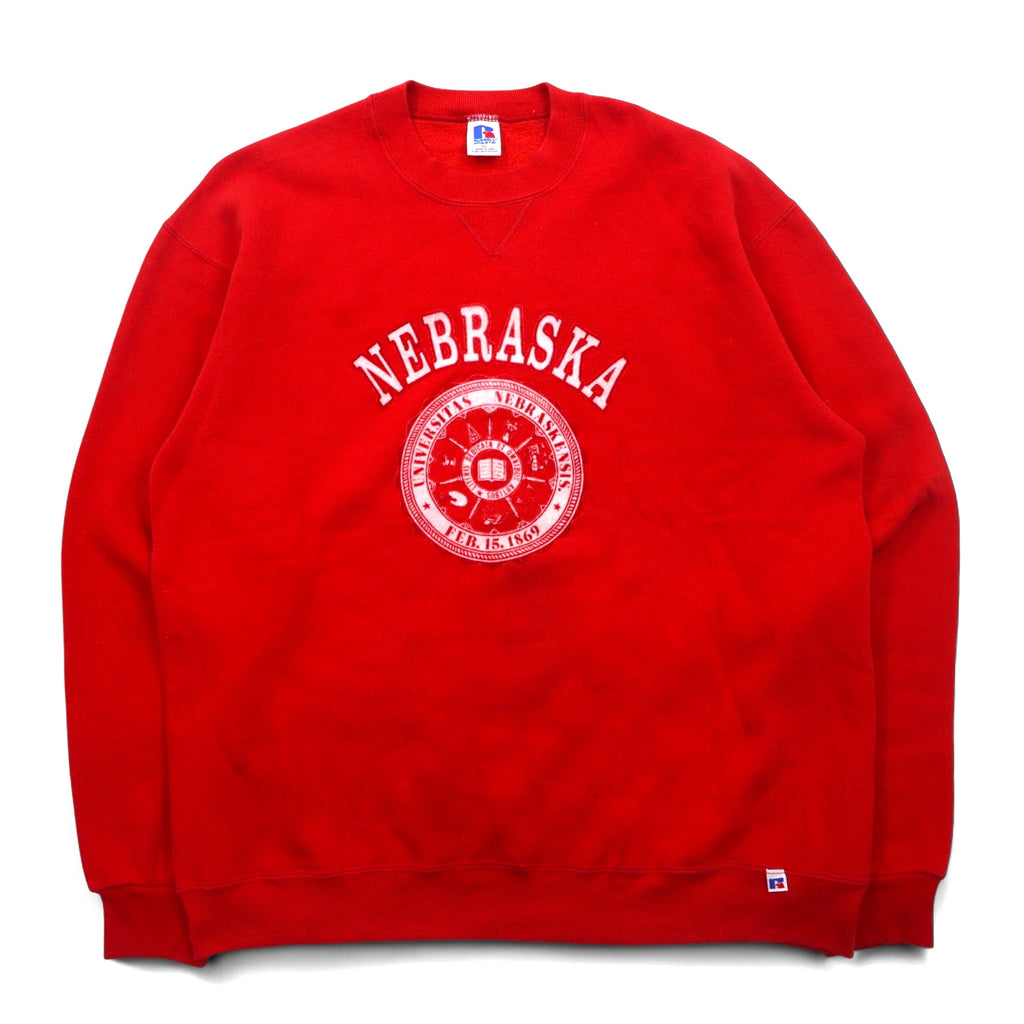 Made in USA 90s RUSSELL ATHLETIC College Print Sweatshirt XL Red Fleece Lined NEBRASKA