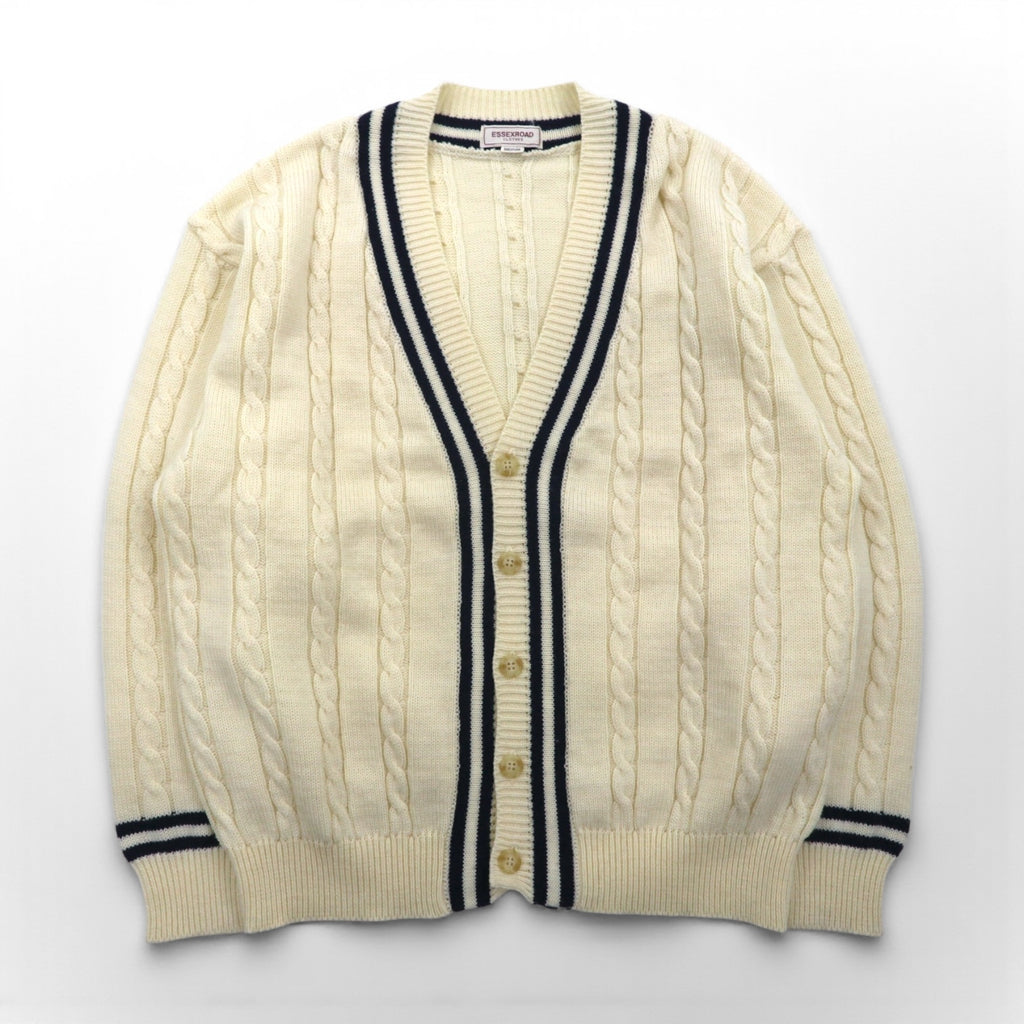 90s Japan Vintage Tilden Knit Cardigan 90年代 日本製 チルデン ニット カーディガン M ケーブル編み 生成り ESSEX ROAD CLOTHES
