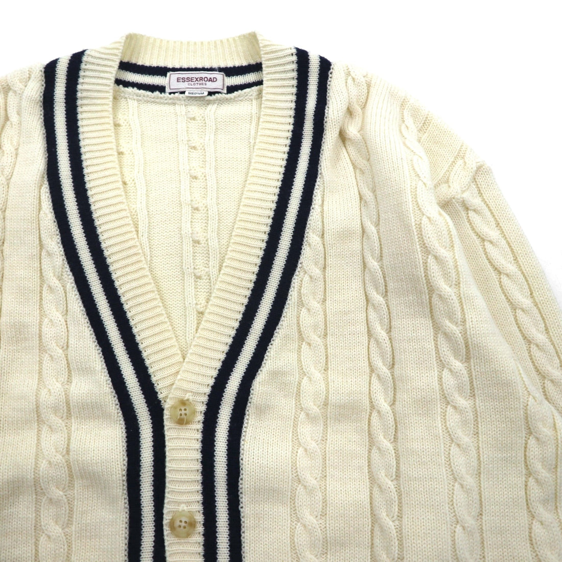 90s Japan Vintage Tilden Knit Cardigan 90年代 日本製 チルデン ニット カーディガン M ケーブル編み 生成り ESSEX ROAD CLOTHES