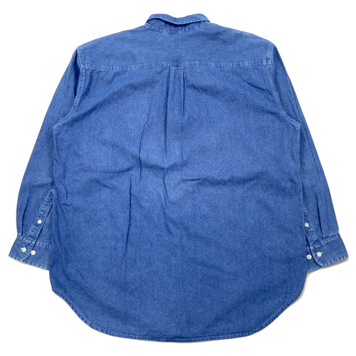 90s PLANET HOLLYWOOD denim button-down shirt, XL, blue, cotton, one-point logo, embroidered