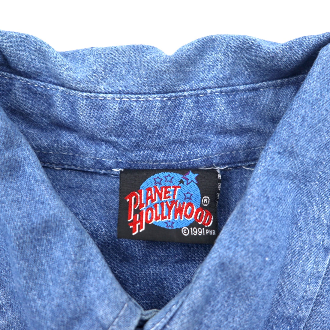 90s PLANET HOLLYWOOD denim button-down shirt, XL, blue, cotton, one-point logo, embroidered
