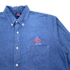 90s PLANET HOLLYWOOD denim button-down shirt, XL, blue, cotton, one-point logo, embroidered