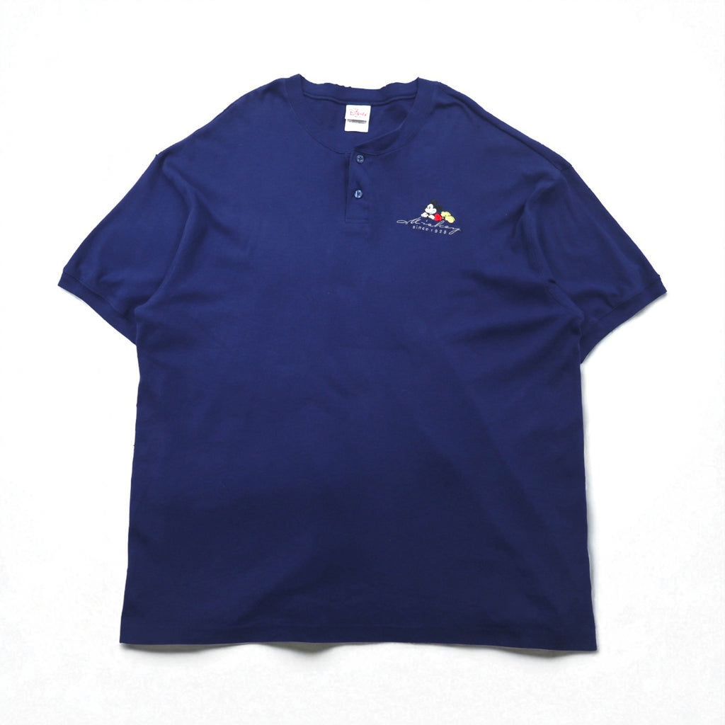 The Disney Store 90年代 ミッキーマウス ヘンリーネック Tシャツ 2XL ネイビー ワンポイント刺繍 ディズニー キャラクター
