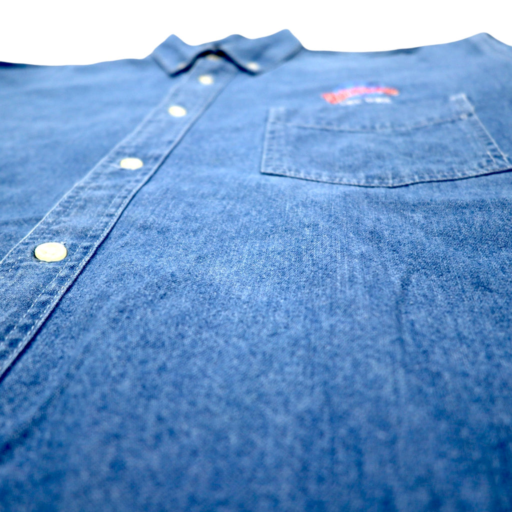 90s PLANET HOLLYWOOD denim button-down shirt, XL, blue, cotton, one-point logo, embroidered