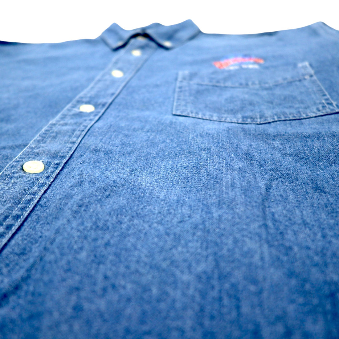 90s PLANET HOLLYWOOD denim button-down shirt, XL, blue, cotton, one-point logo, embroidered
