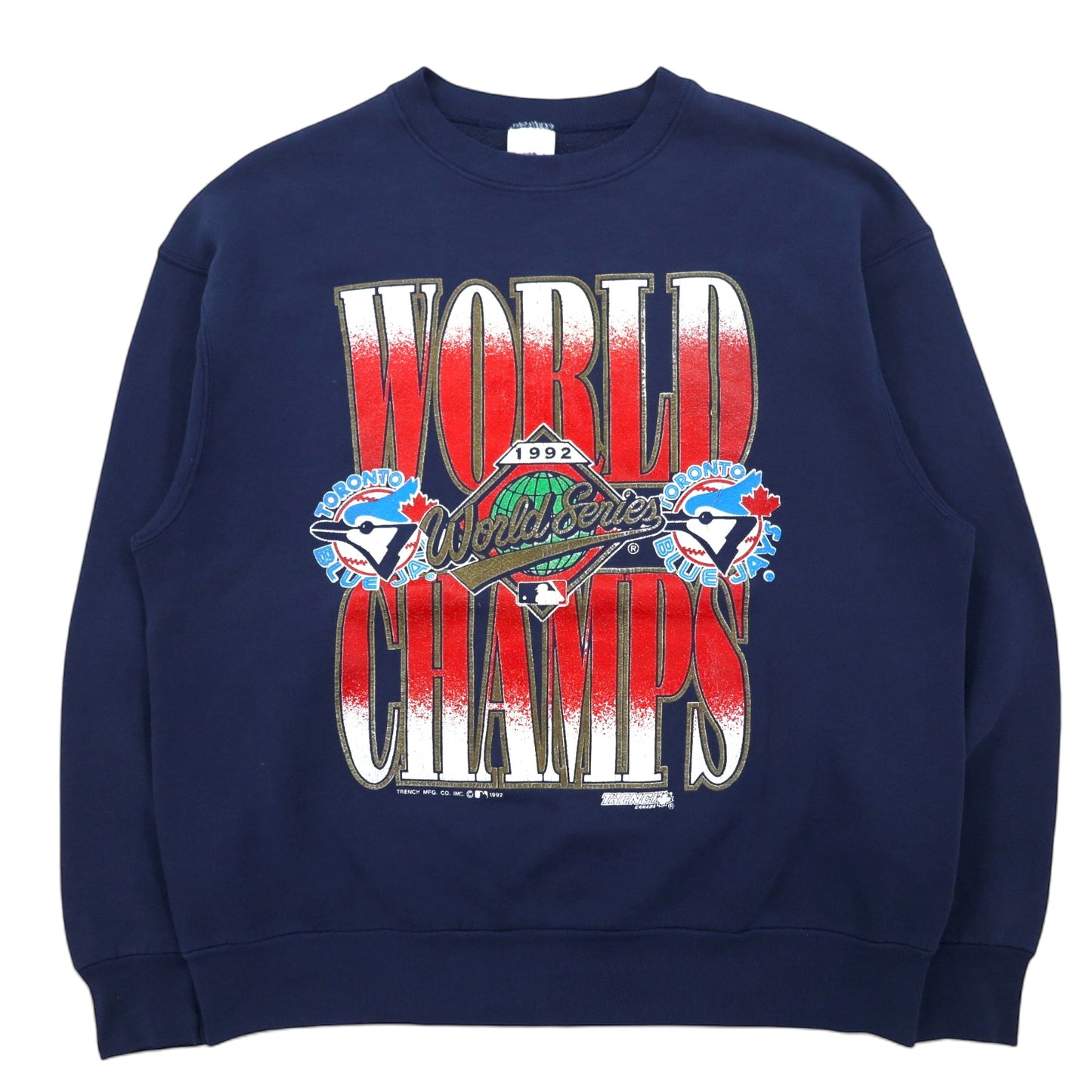 カナダ製 90年代 FRUIT OF THE LOOM ベースボール プリント スウェット XL ネイビー コットン WORLD CHAMPS