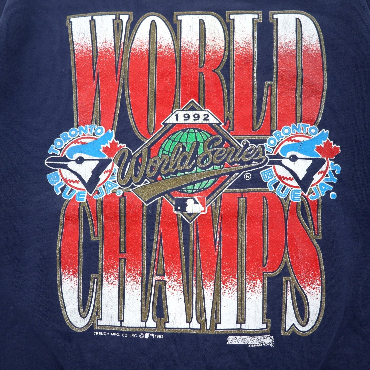 カナダ製 90年代 FRUIT OF THE LOOM ベースボール プリント スウェット XL ネイビー コットン WORLD CHAMPS