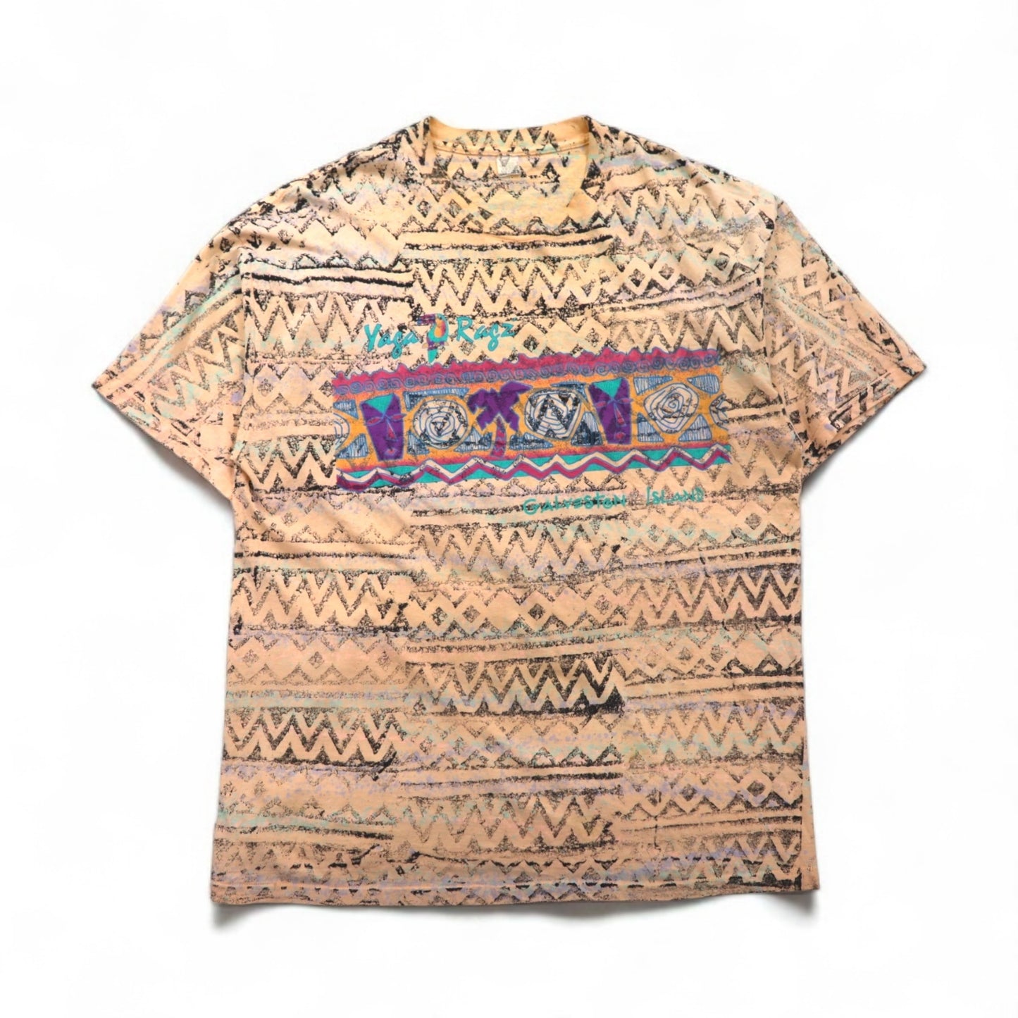 '90s USA-made Yaga Rugz' single-stitch vintage T-shirt, size 2XL, pink, all-over Native American print