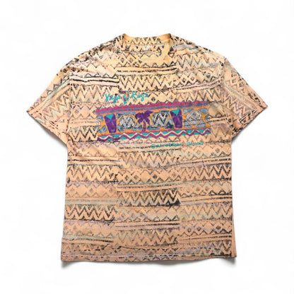 '90s USA-made Yaga Rugz' single-stitch vintage T-shirt, size 2XL, pink, all-over Native American print