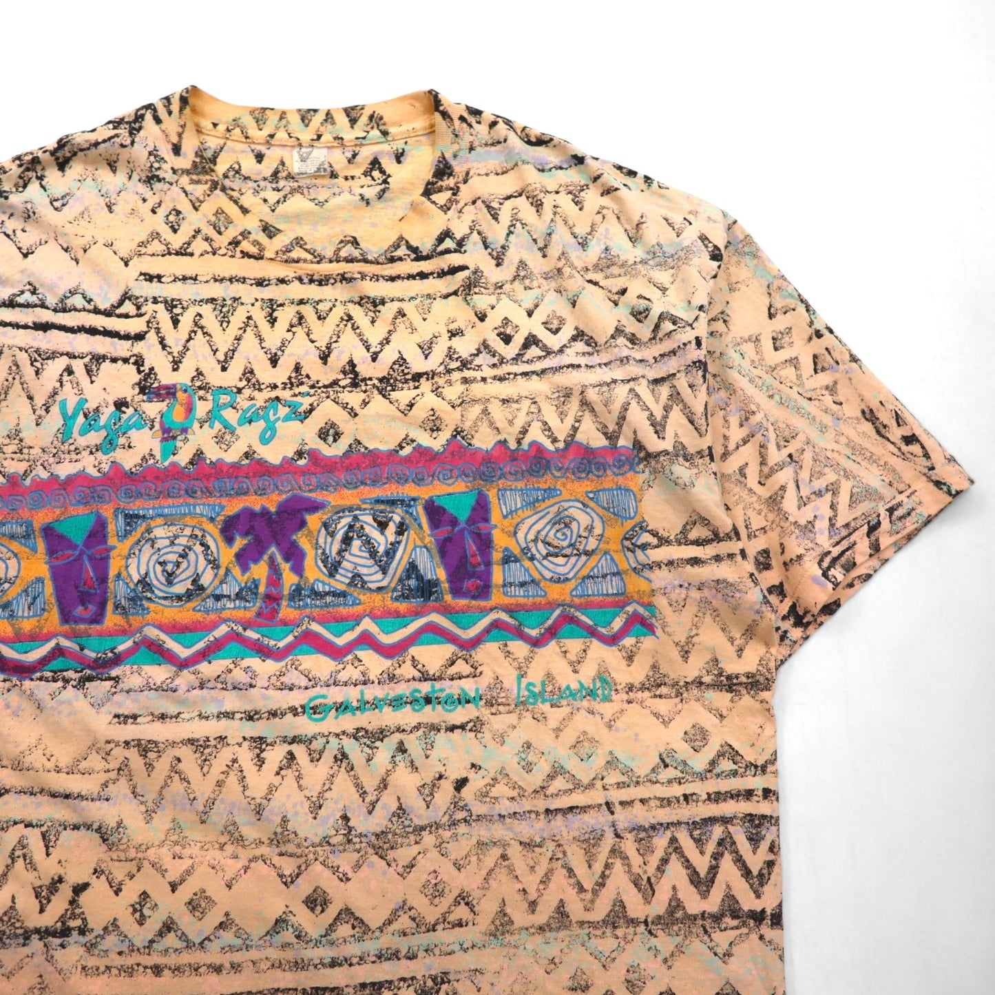 '90s USA-made Yaga Rugz' single-stitch vintage T-shirt, size 2XL, pink, all-over Native American print