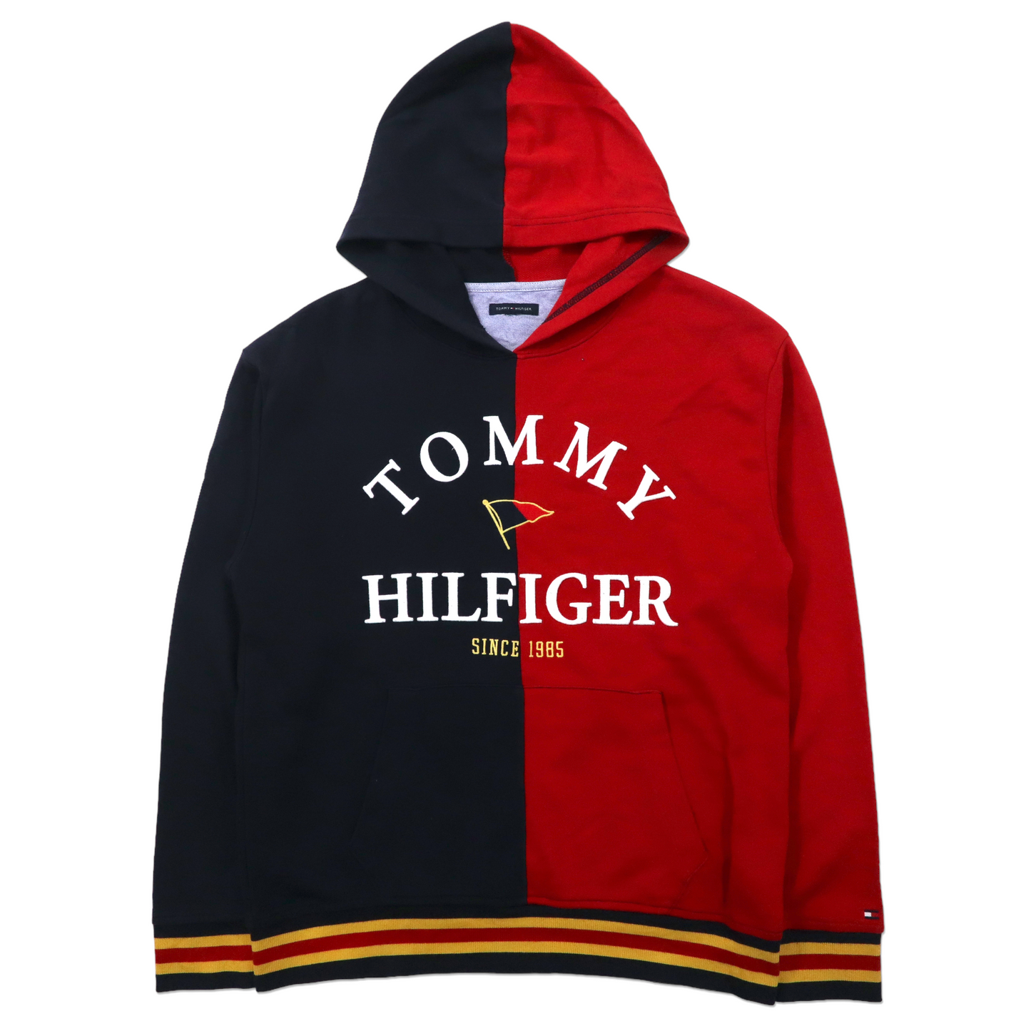 TOMMY HILFIGER プルオーバーパーカー L ネイビー レッド ツートン コットン ロゴ刺繍