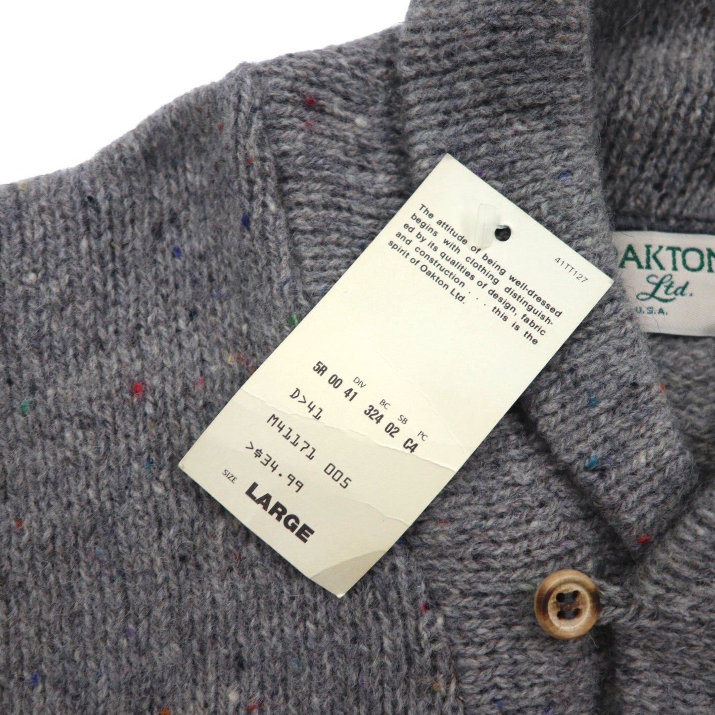 Sears 90s Made in USA Shawl Collar Knit Sweater, Size L, Gray Wool, Unused, Deadstock, Oakton