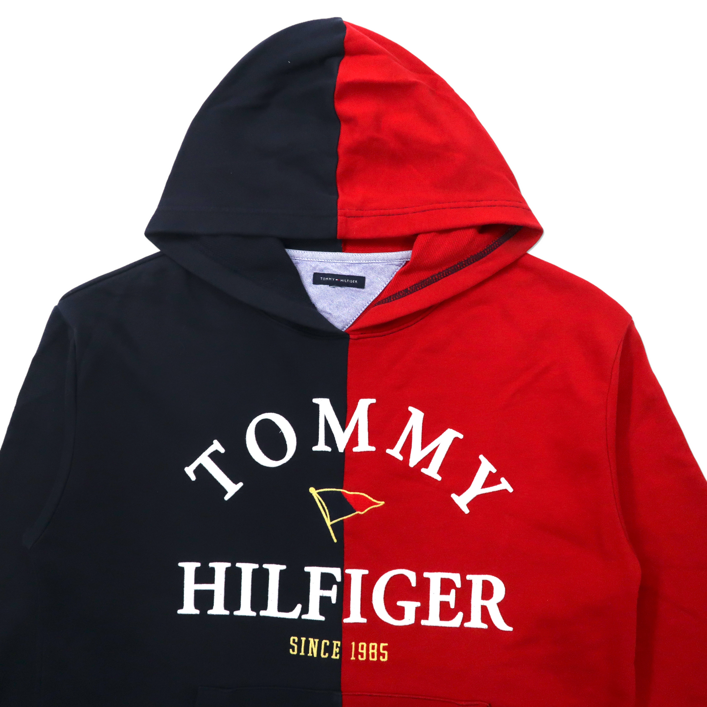 TOMMY HILFIGER プルオーバーパーカー L ネイビー レッド ツートン コットン ロゴ刺繍