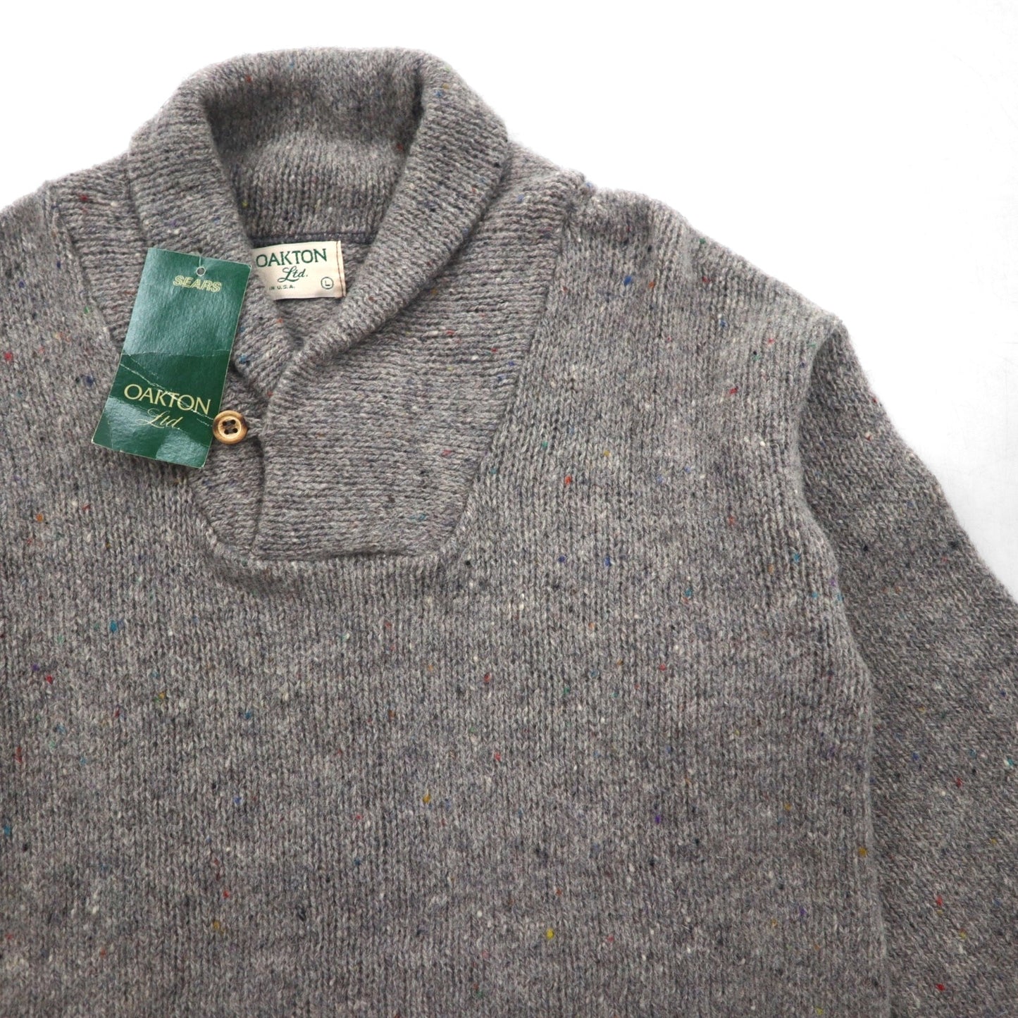 Sears 90s Made in USA Shawl Collar Knit Sweater, Size L, Gray Wool, Unused, Deadstock, Oakton
