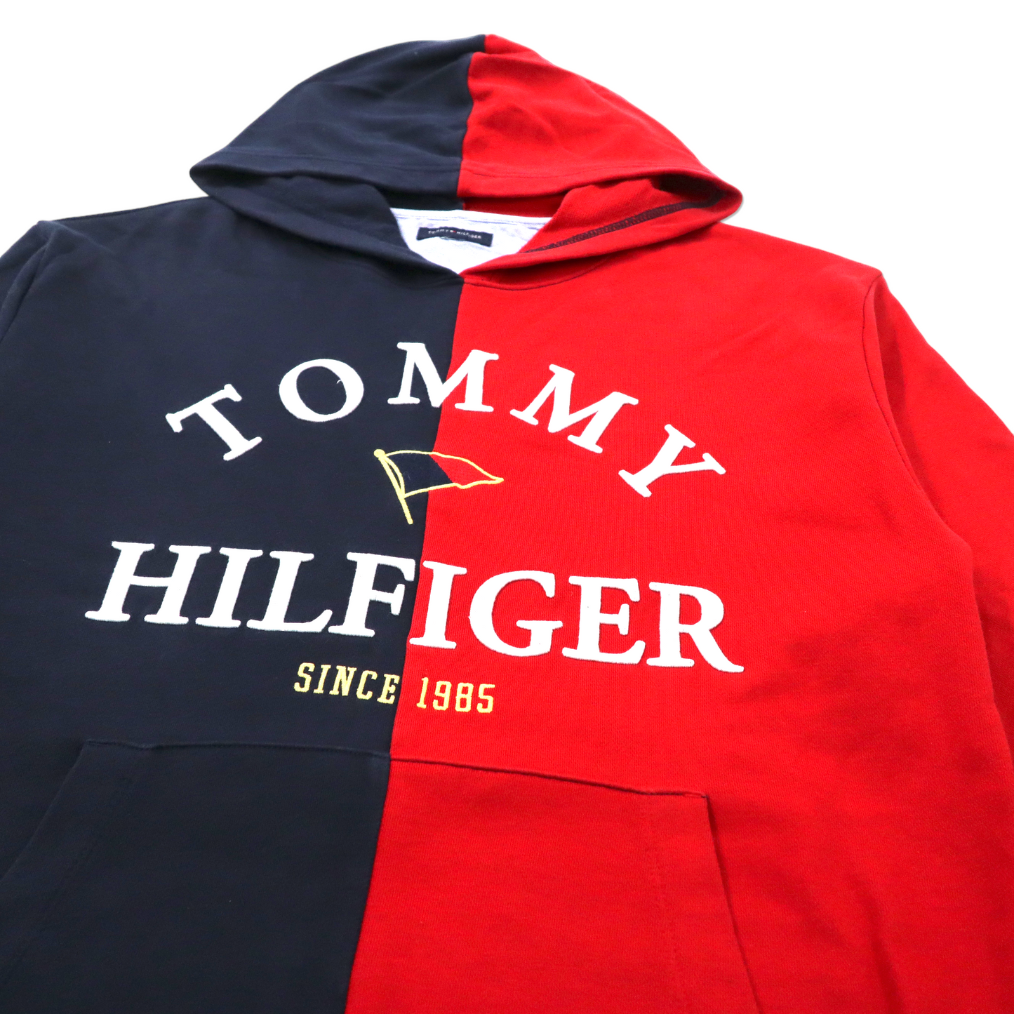 TOMMY HILFIGER プルオーバーパーカー L ネイビー レッド ツートン コットン ロゴ刺繍