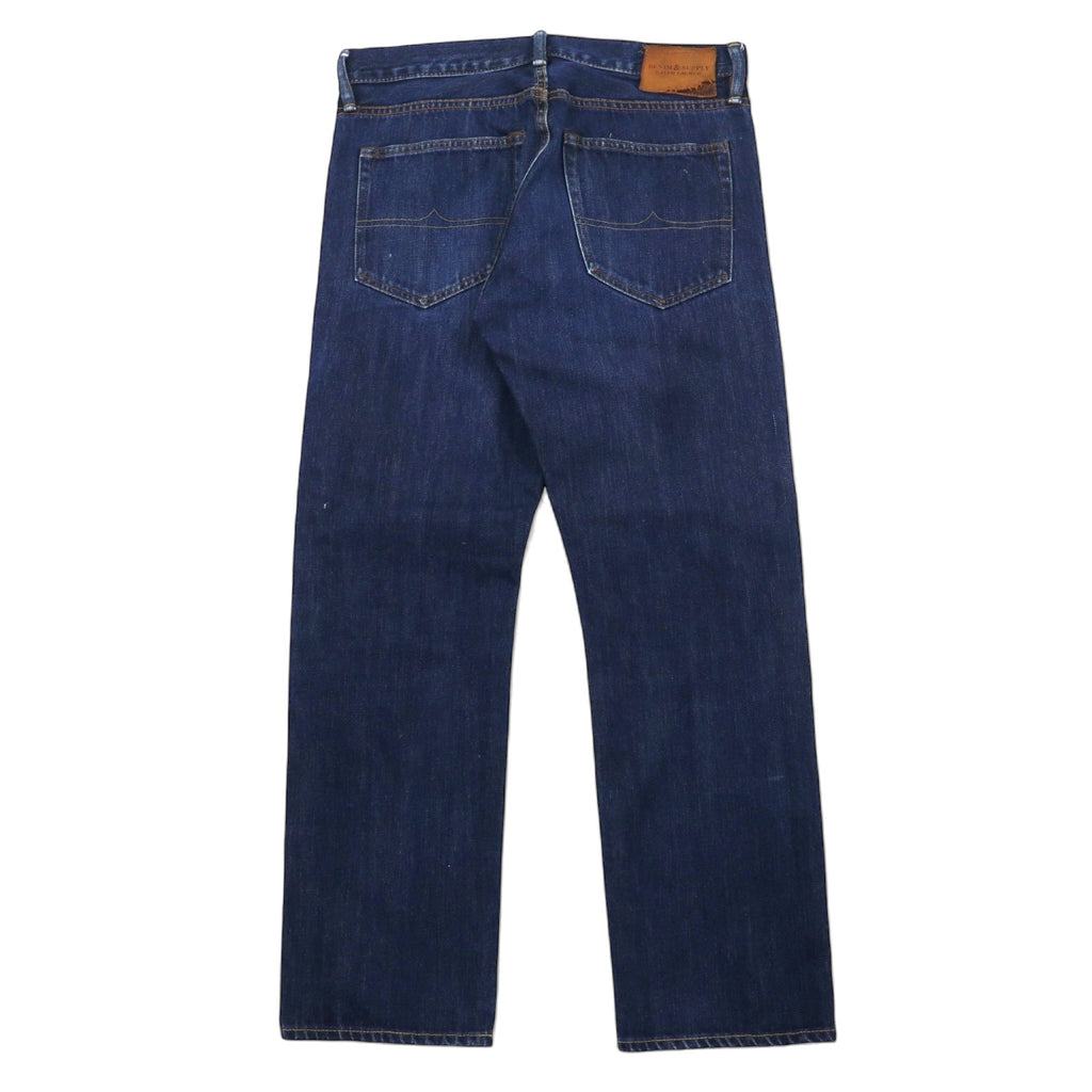 DENIM &amp; SUPPLY RALPH LAUREN Rigid Denim Pants Size 32 Blue Navy Straight Leather Patch Button Fly