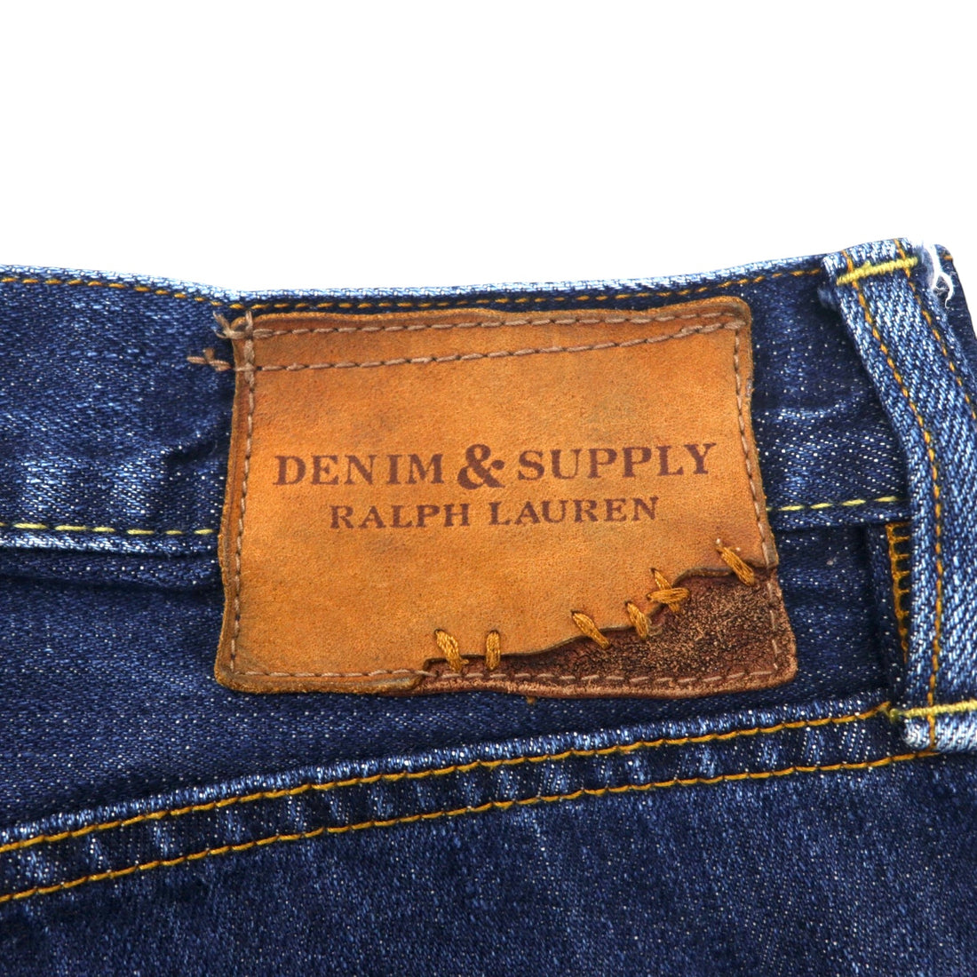 DENIM &amp; SUPPLY RALPH LAUREN Rigid Denim Pants Size 32 Blue Navy Straight Leather Patch Button Fly