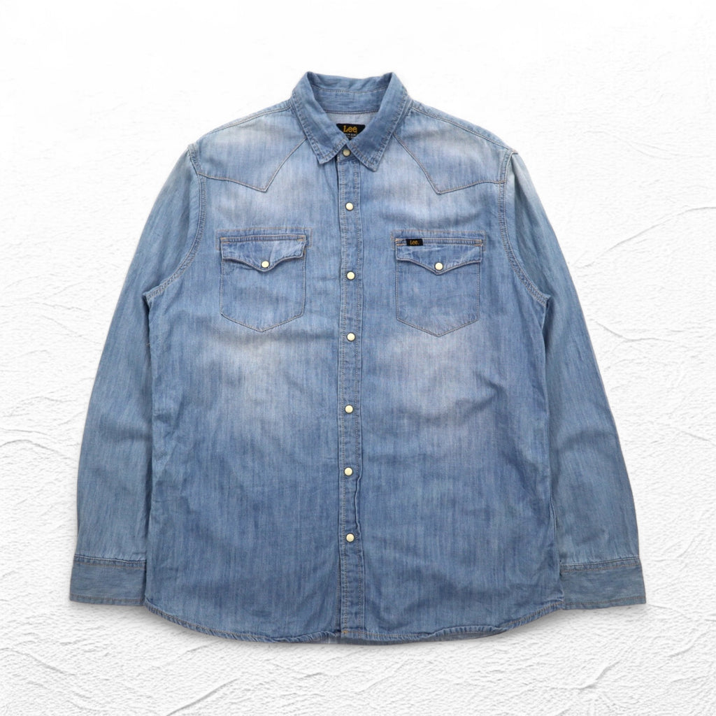 Lee denim western shirt L in indigo blue cotton chest pocket snap button