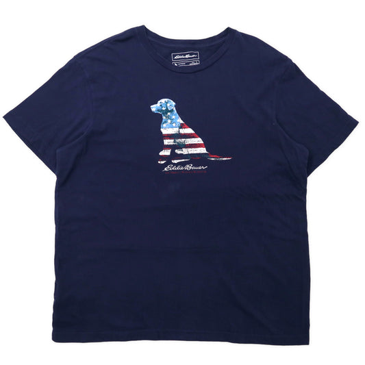 日本然リトテ-古着オンライン-Eddie Bauer プリントTシャツ L ネイビー コットン 犬 星条旗-