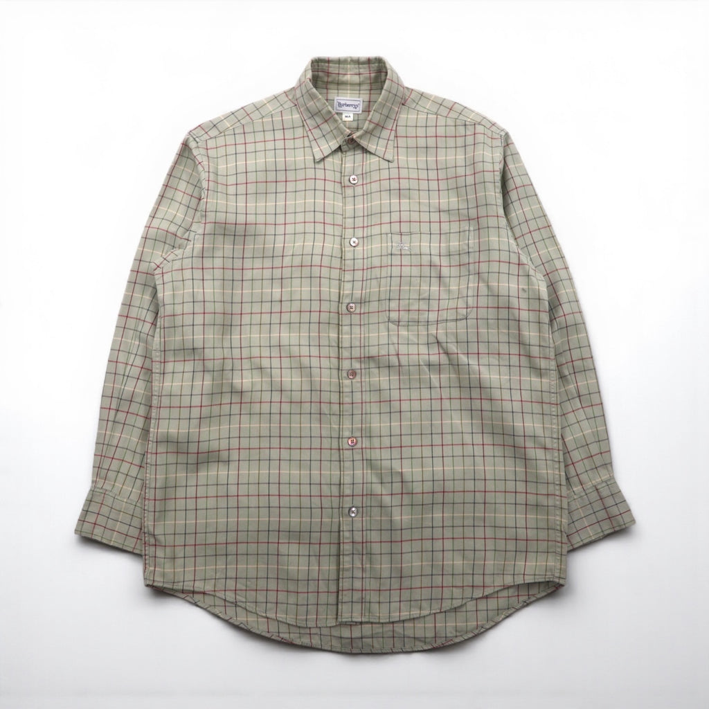 BURBERRY 90s Long Sleeve Shirt, Size M, Beige Cotton, Check, Chest Pocket, One-Point Logo Embroidery