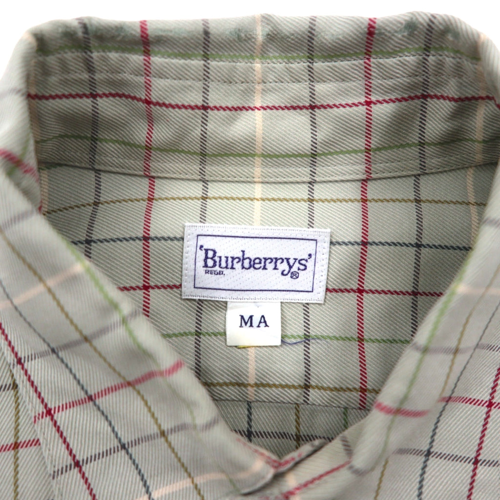 BURBERRY 90s Long Sleeve Shirt, Size M, Beige Cotton, Check, Chest Pocket, One-Point Logo Embroidery