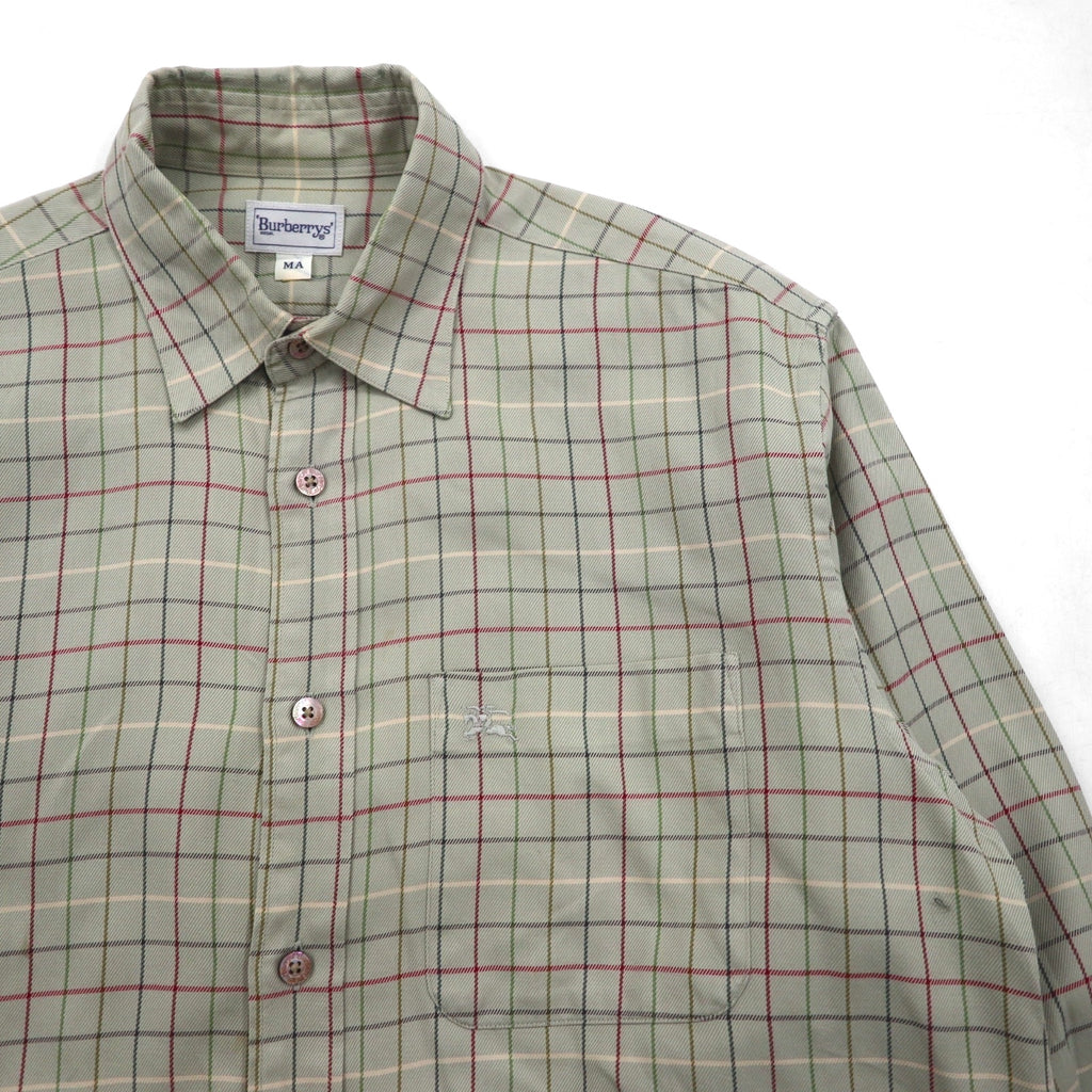BURBERRY 90s Long Sleeve Shirt, Size M, Beige Cotton, Check, Chest Pocket, One-Point Logo Embroidery