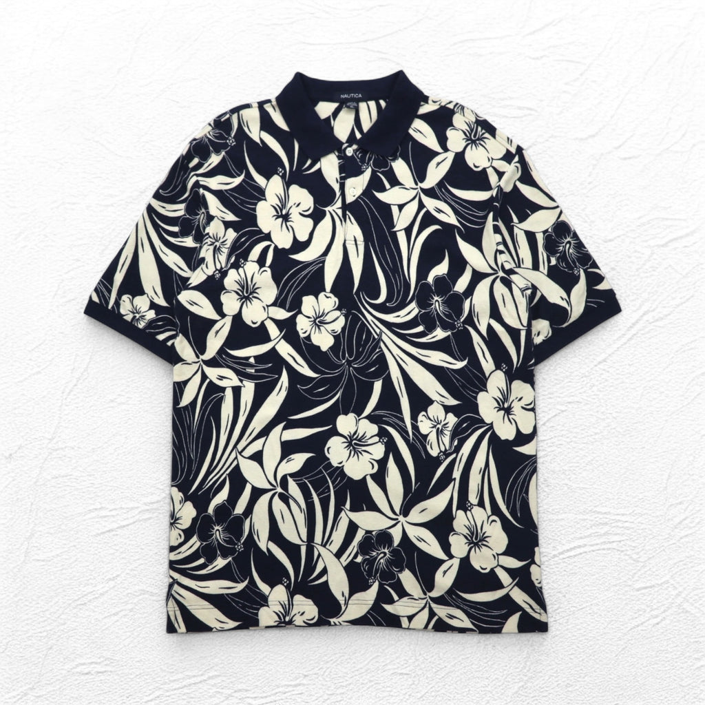 NAUTICA Polo Shirt XL Navy Cotton All-over Pattern Hibiscus Flower Big Size