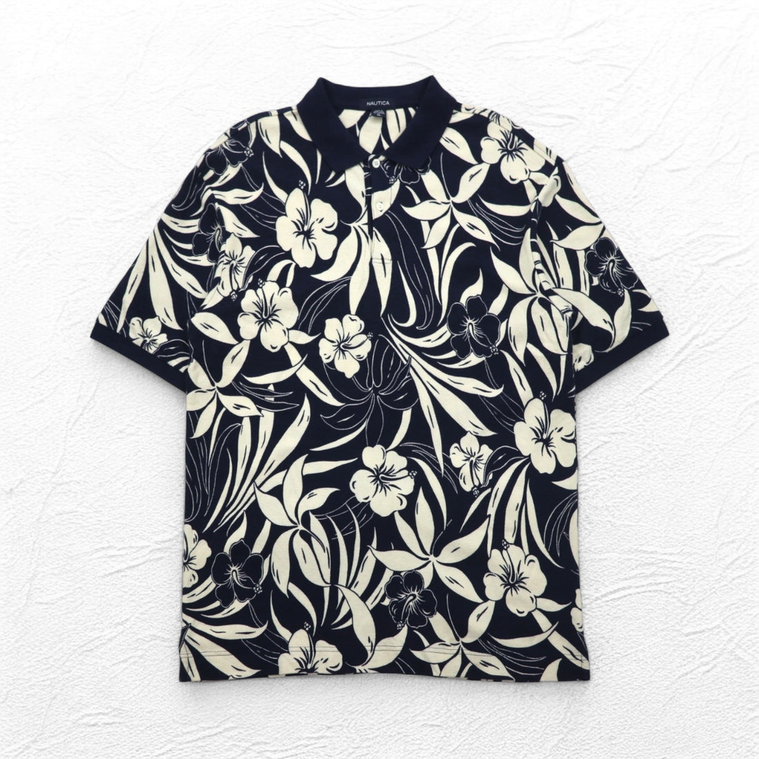 NAUTICA Polo Shirt XL Navy Cotton All-over Pattern Hibiscus Flower Big Size