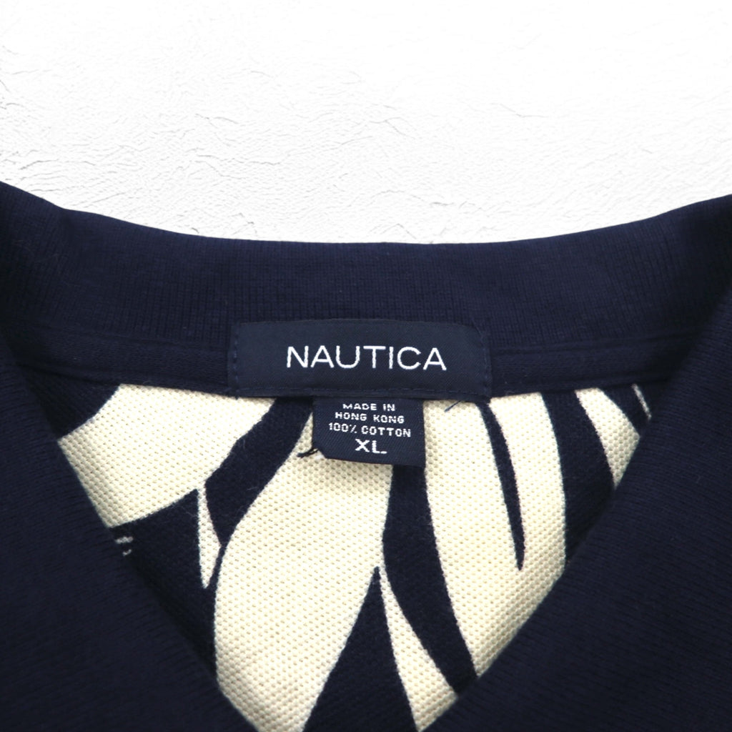 NAUTICA Polo Shirt XL Navy Cotton All-over Pattern Hibiscus Flower Big Size