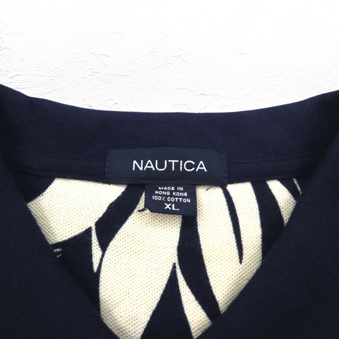 NAUTICA Polo Shirt XL Navy Cotton All-over Pattern Hibiscus Flower Big Size