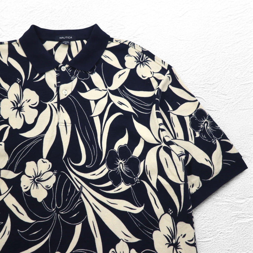 NAUTICA Polo Shirt XL Navy Cotton All-over Pattern Hibiscus Flower Big Size