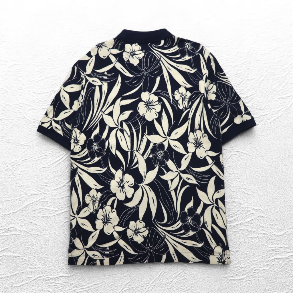 NAUTICA Polo Shirt XL Navy Cotton All-over Pattern Hibiscus Flower Big Size